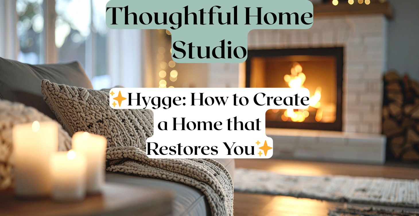 Cozy hygge living room with warm lighting, textured throws, candles, and natural wood furniture for winter wellbeing