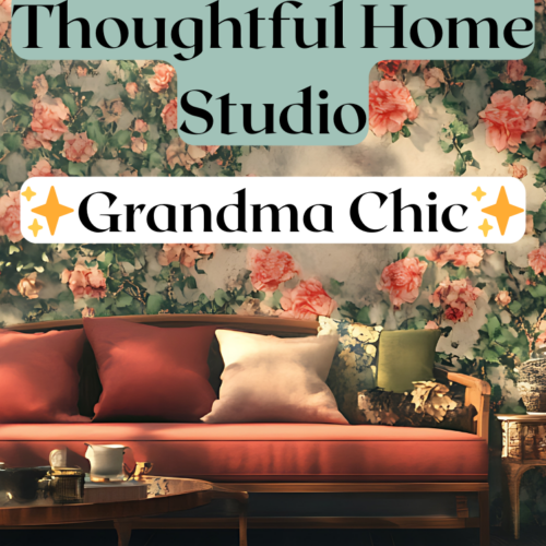 Grandma chic living room with coral sofa, floral wallpaper, vintage wood furniture, and cozy layered lighting in a warm, nostalgic interior design style.