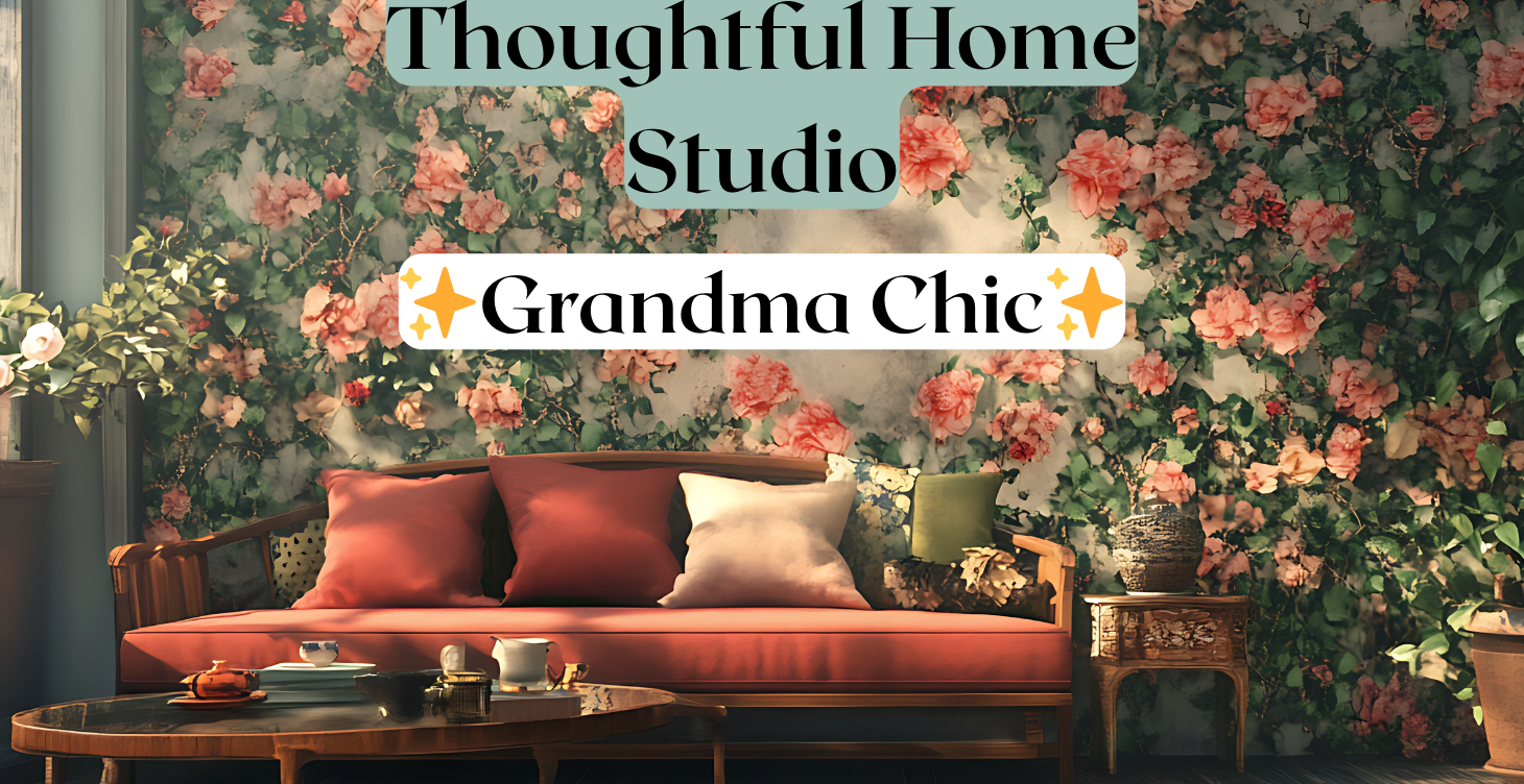 Grandma chic living room with coral sofa, floral wallpaper, vintage wood furniture, and cozy layered lighting in a warm, nostalgic interior design style.