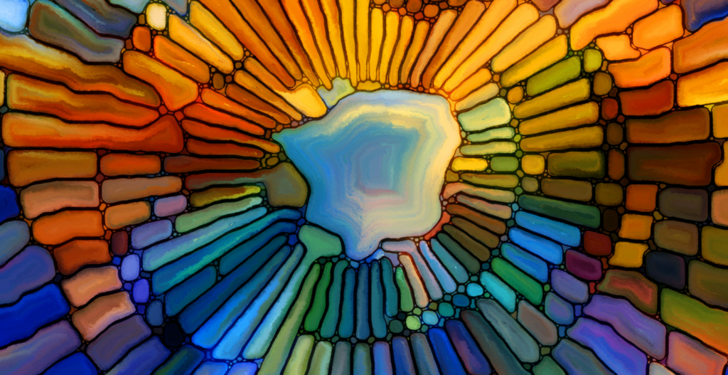 vibrant stained glass design with radiating sunburst pattern in orange amber blue and green with a glowing centre