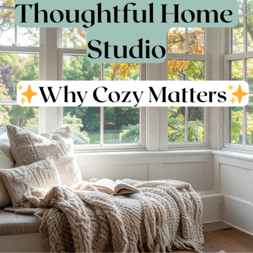 A cozy window seat reading nook with soft pillows and a warm blanket, overlooking a peaceful nature view, creating an inviting and relaxing atmosphere.
