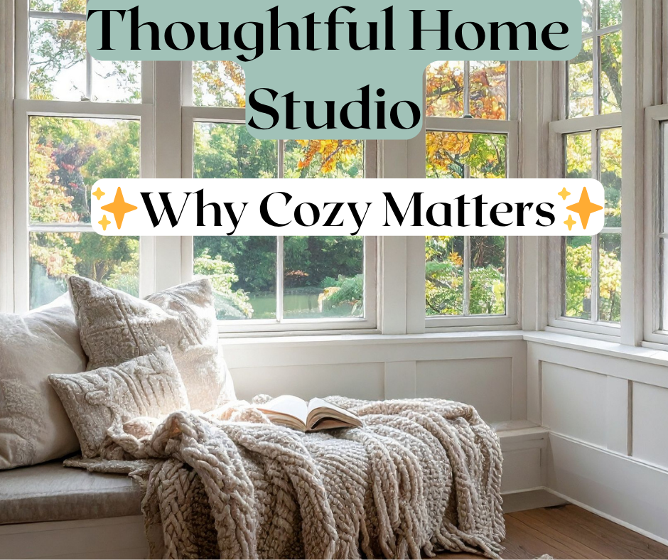 A cozy window seat reading nook with soft pillows and a warm blanket, overlooking a peaceful nature view, creating an inviting and relaxing atmosphere.