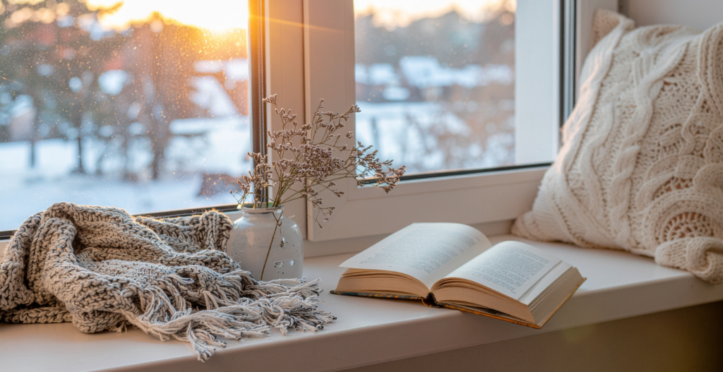 Window seat with a peaceful view of nature, in a cozy home with a soft pillow and a knitted blanket.