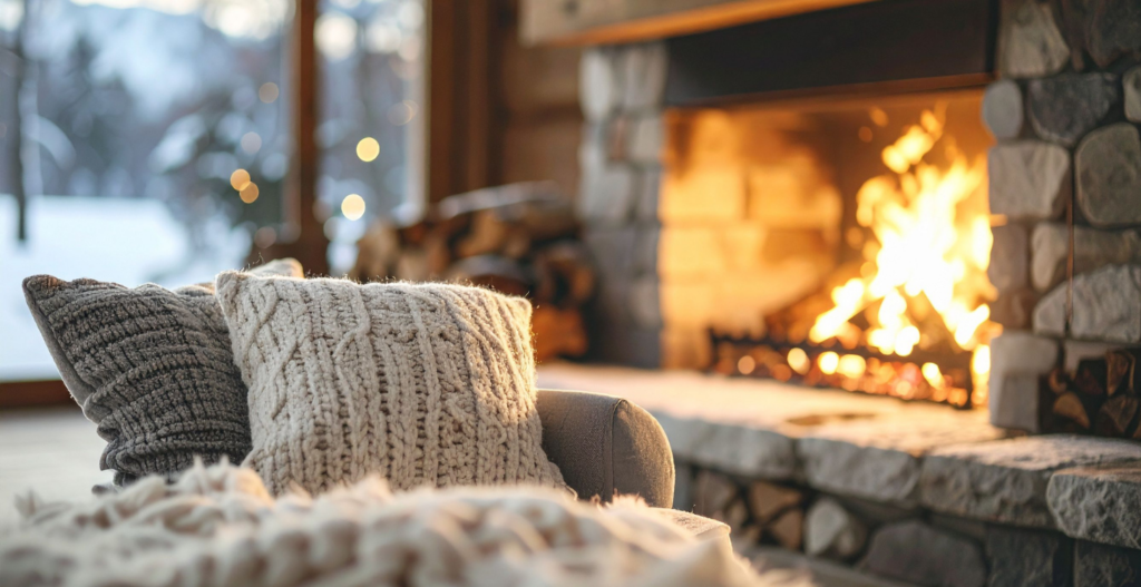 Cozy living room with soft pillows, warm lighting, and a fireplace, creating a calm and inviting home environment.