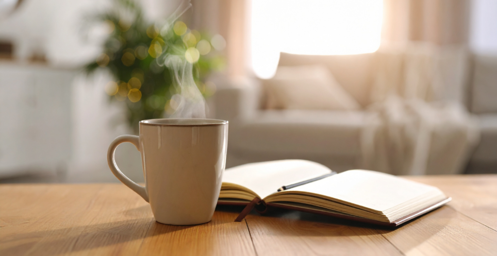 a warm cup of coffee and a journal in a cozy living room